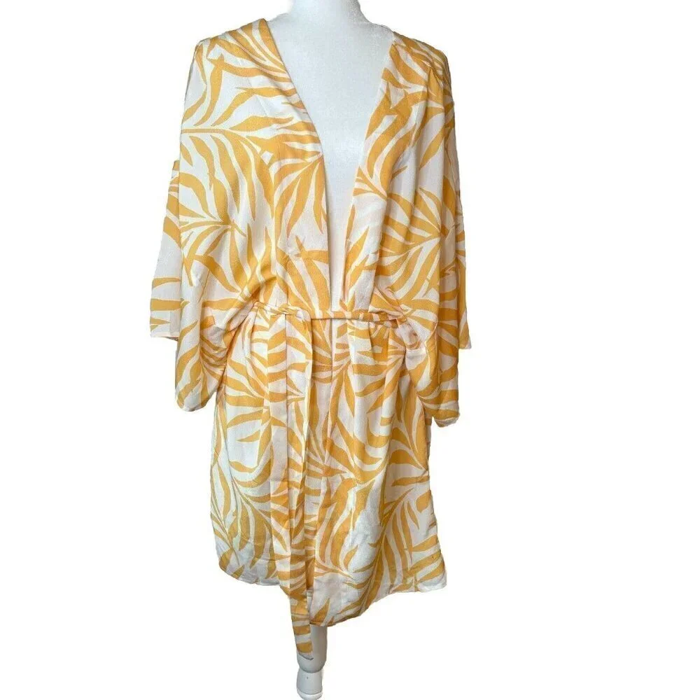Maison Du‎ Soir Magnolia Palm XL/2XL Open Front Tie Sash Kimono Robe Cover Up